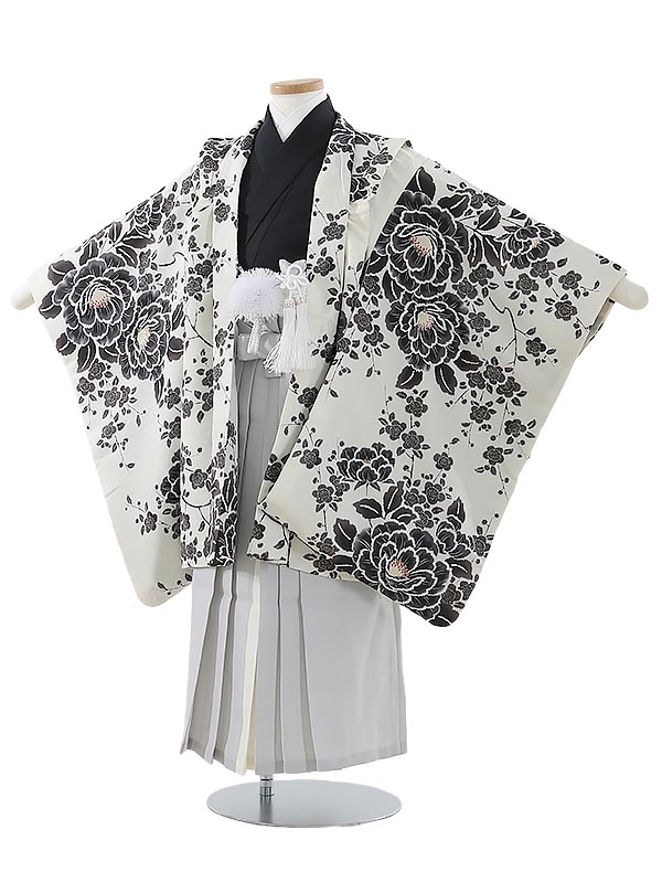 【レンタル】かんたん七五三[簡単着付け] 着物 マジックテープ 753|5歳七五三レンタル 牡丹に梅 白×グレー袴 5歳男の子|子供|七五三 5歳児 レンタル|5歳用 着物|往復送料無料|男児フルセットY585