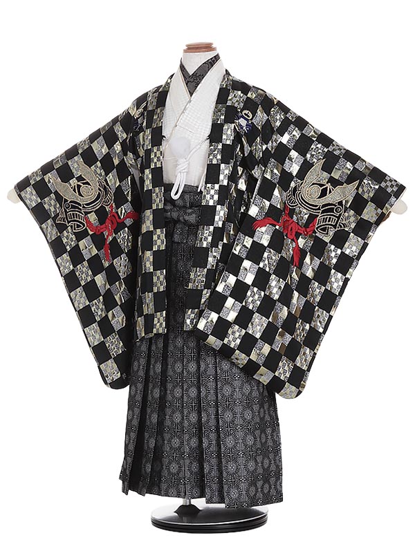 【レンタル】かんたん七五三[簡単着付け] 着物 マジックテープ 753|5歳七五三レンタル 変わり市松 兜 5歳 男の子|子供|七五三 5歳児 レンタル|5歳用 着物|往復送料無料|男児フルセットY688｜マタニティ子供喪服レンタルＨ＆Ｈ