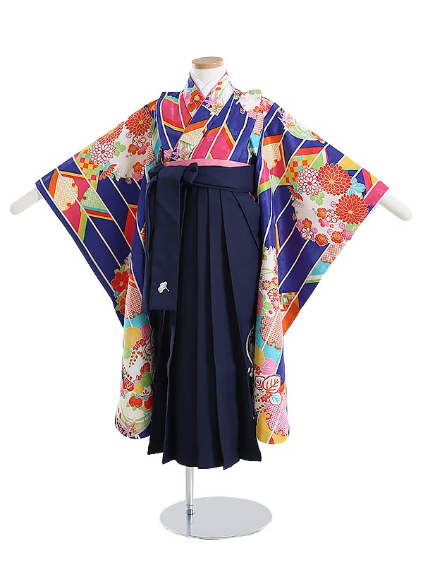 【レンタル】七五三 ７歳着物レンタル 110cm～120cm 小町Kids 矢絣に雪輪と花紋 青×紺袴 七五三 袴セット 7歳 フルセット 女の子 卒園式 袴 レンタル 女の子 6歳 7歳女の子 753 七五三 子供 袴セット 卒園袴 はかま 袴レンタル 往復送料無料【0APY727】