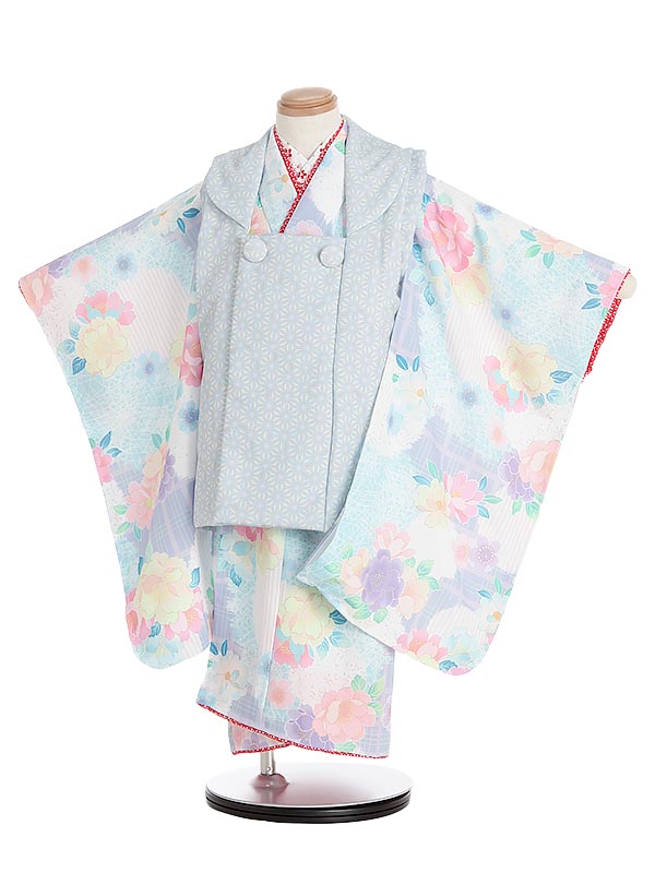 【レンタル】七五三レンタル 女の子 3歳着物フルセット Y303 春の花々 チェック 麻の葉 ライトブルー 753着物 レンタル753 被布セット 子供着物 貸衣装 往復送料無料|マタニティ子供喪服レンタルH&H