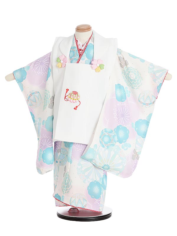 【レンタル】七五三レンタル 女の子 2歳3歳 着物フルセット Y307 梅に鞠 白×ベージュ 753着物 レンタル753 被布セット 子供着物 貸衣装 往復送料無料 8,208円