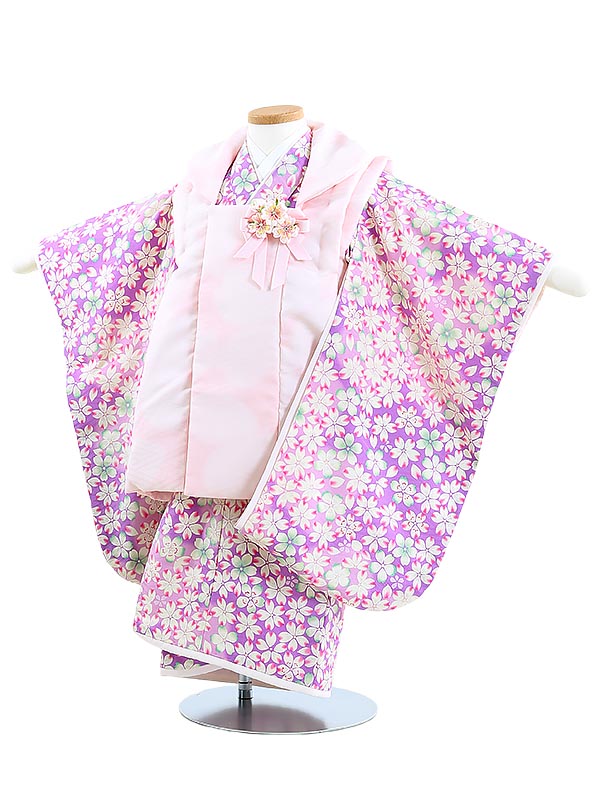 【レンタル】七五三レンタル 女の子 3歳着物フルセット Y323 華徒然 ピンクぼかし×紫地に桜 753着物 レンタル753 被布セット 子供着物 貸衣装 往復送料無料