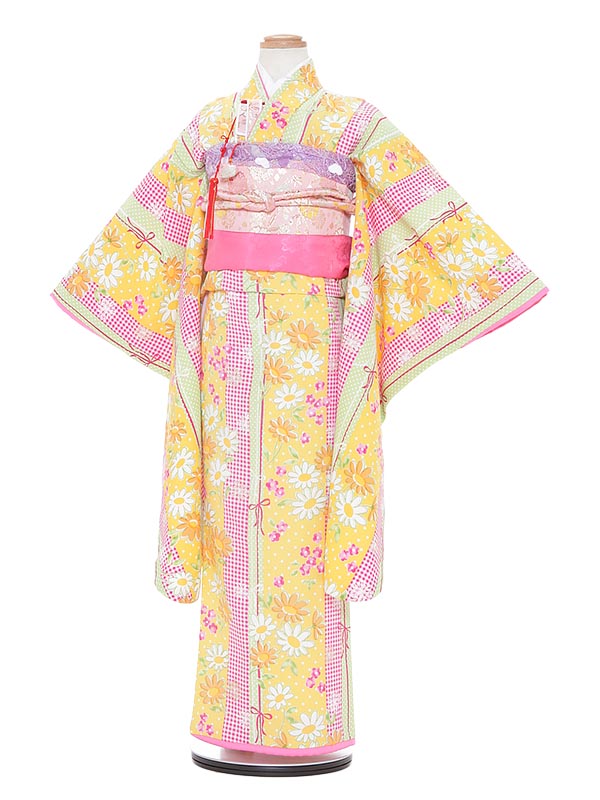 【レンタル】七五三 ７歳着物レンタル A788 ぷちぷり 黄色 ストライプ 七五三着物 フルセット 753着物 貸衣装 女の子 子供着物 お正月 ひな祭り 結婚式 753 キッズ着物 七五三レンタル きもの