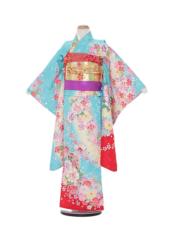 【レンタル】七五三 ７歳着物レンタル A803 水色 菊 牡丹 桜 七五三着物 フルセット 753着物 貸衣装 女の子 子供着物 お正月 ひな祭り 結婚式 753 キッズ着物 七五三レンタル きもの 6,952円