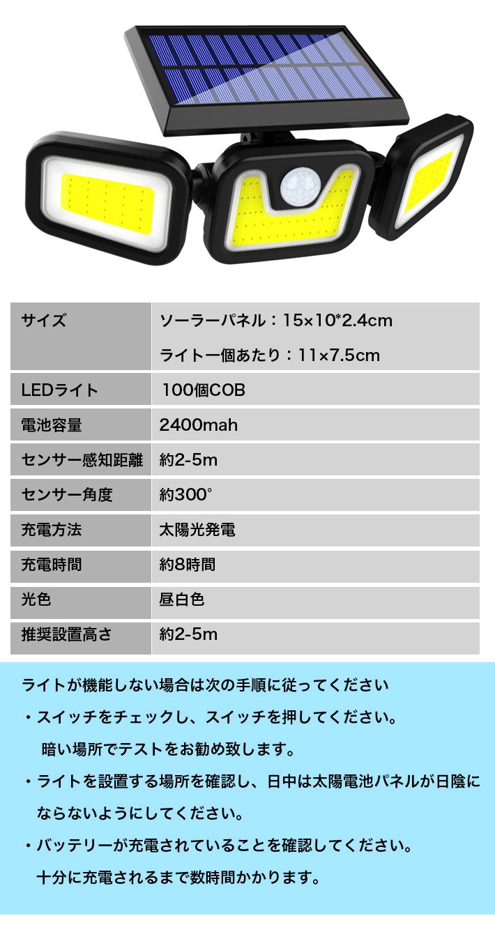 楽天市場 二個セット投光器 Ledソーラーセンサーライト 進化版 100cob 1600ルーメン 3モード点灯 高輝度人感センサーライト 角度自由調整 太陽光充電電源不要 Ip65防水防塵照明用 人感検知 夜間自動点灯ガーデン 壁掛け 庭先 玄関周りなど対応 雑貨 便利グッズ Freedoms