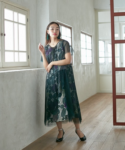 楽天市場 萩あずき チュール重ねワンピースふりふオリジナル 和柄 ワンピース フォーマルドレス 個性的 大人 レディース ワンピ ロングワンピ ロング丈 フレア チュール重ね セット 萩 和風 総柄 カジュアル フォーマル 結婚式 二次会 お呼ばれ 花柄 レトロ モダン