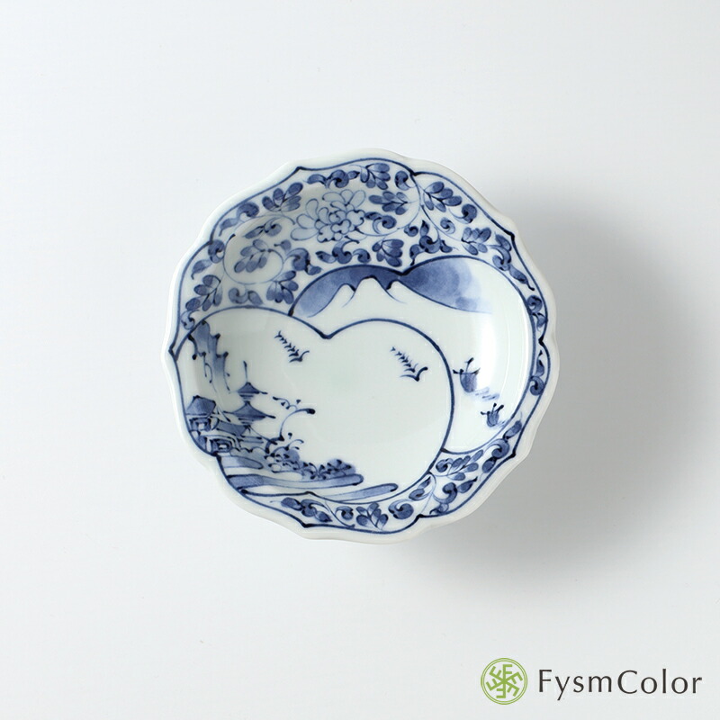 【団扇形　岩上花紋　染付　変皿】工芸品 団扇形 岩上花紋 染付 変皿】工芸品 団扇形 岩上花紋 染付