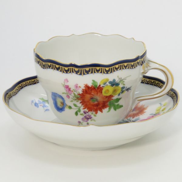 マイセン 優勝杯＆平円盤■A控え壁 C\u0026S 1客 伍つ花 金彩 青緑色 青碧 Meissen 3