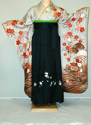 【レンタル】振袖、袴（刺繍はかま）レンタル【黒・茶・グレー系】【HF710】標準/Ｌ寸/7号/9号/11号/13号/冬春キャンペーン