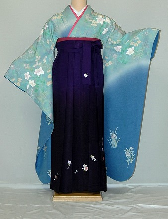 【レンタル】振袖、袴（刺繍はかま）レンタル【青・青紫・緑系】【HF751】標準/Ｌ寸/7号/9号/11号/13号/冬春キャンペーン