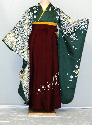 【レンタル】振袖、袴（刺繍はかま）レンタル【青・青紫・緑系】【HF818】標準/Ｌ寸/7号/9号/11号/13号/冬春キャンペーン