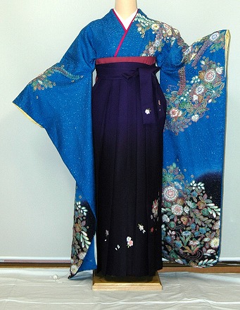 【レンタル】振袖、袴（刺繍はかま）レンタル【青・青紫・緑系】【HF910】ワイドサイズ/ゆったり/大きい/幅広/2Ｌ/3Ｌ/13号/15号/17号/袴レンタル 冬春キャンペーン
