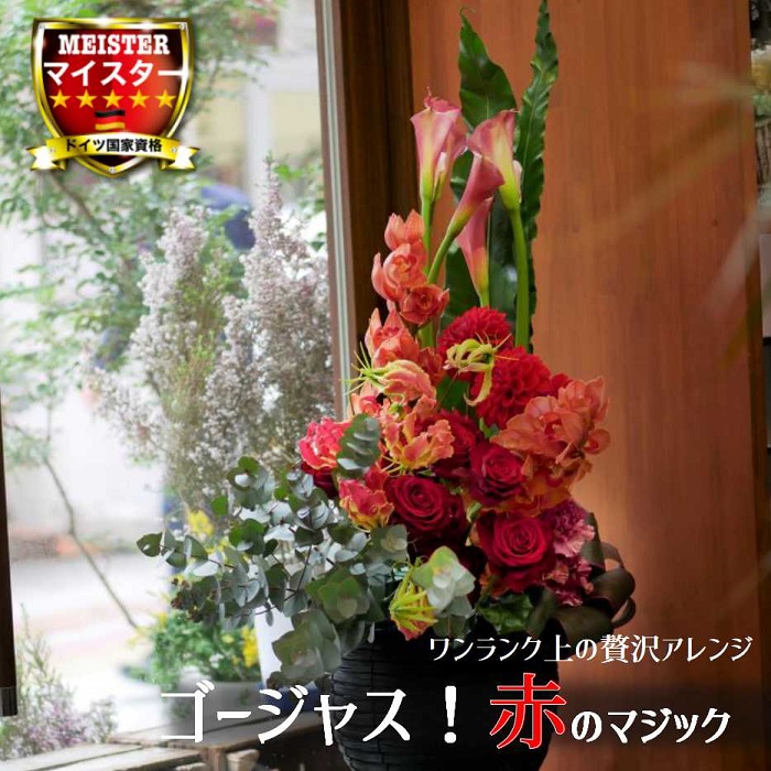 御花 申し合わせ 花 愛くるしい 生まれ落ちる日 お祝 開店祝賀会 差し上げ物 色つや シュンラン属 ダリア 薔薇 赤が感銘的な 高さのある 取りあわせる 貨物輸送無料 【花匠美ブランド名】