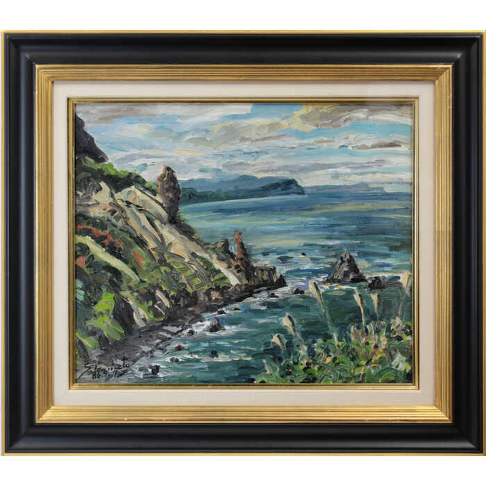 絵画 坂元輝行 油絵・油彩画 『小樽赤岩 ソーランの碑広場より』 山 岩 海 海岸 空 自然 風景 北海道風景 一点物 美術品 アート さかもとてるゆき|北海道画廊 店