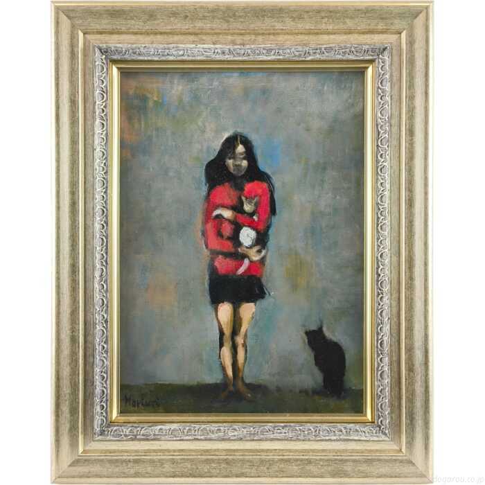 堀内規次 油絵・油彩画 『少女と猫』 一点物 絵画|北海道画廊 店