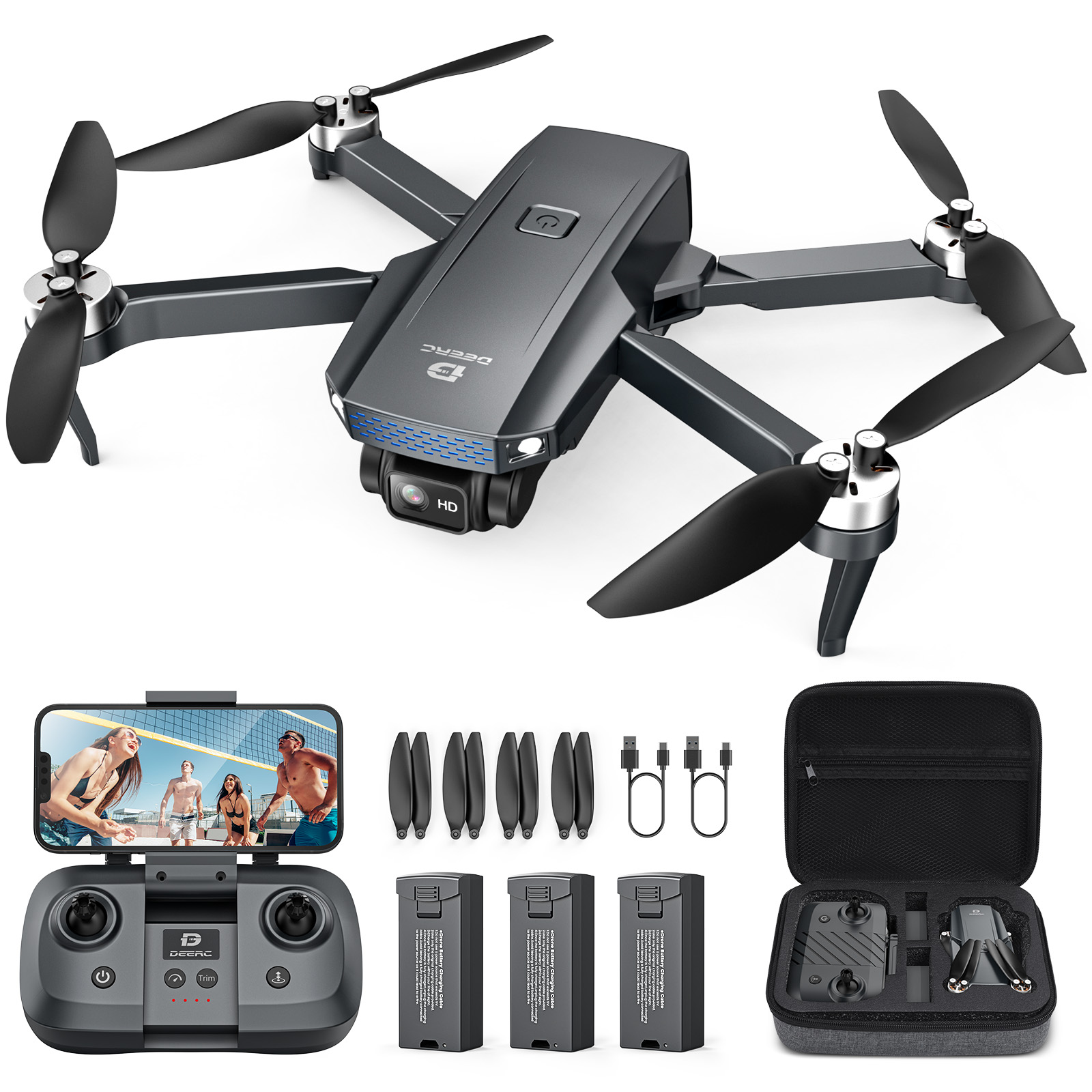 ドローン カメラ付き FPV 屋外 DEERC ブラシレスモーター 1080Pカメラ 折畳み式 バッテリー3個 45分飛行時間 収納ケース付き 2.4GHz モード1/2自由転換可 誕生日ギフト 国内認証済み D20S
