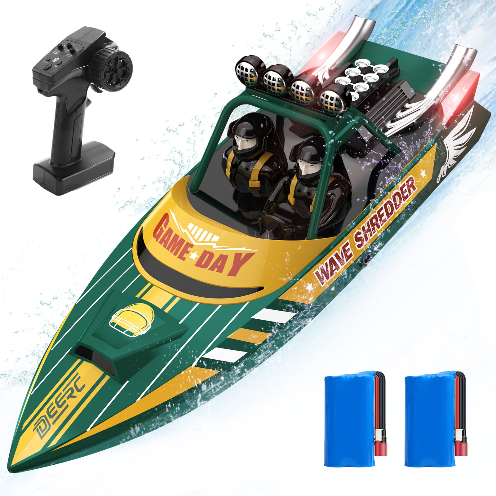 DEERC ラジコンボート 船 ラジコン こども向け 高速 ブラシレスモーター 20km/h RCボート 防水性 バッテリー２個 操作時間30分 LEDライト  2.4G おもちゃ 男の子 彼氏 小学生 中学生 誕生日 プレゼント 国内認証済み