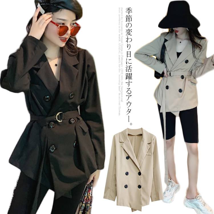 楽天市場 レディース アウター ショート丈 トレンチコート スプリングコート 薄手 ジャケット 秋冬 春コート カジュアルコート 無地 ベルト付き カーキ 黒 レイヤード ベルト付き ピーコート Atic