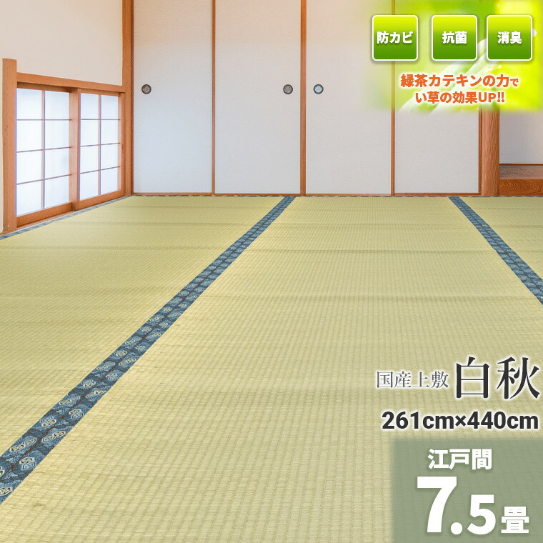 Igusa World事あたらしいの緑茶染め! 『白秋』  国産 日本の首都間 7.5畳 261×440糎【双目織 い草上敷き 畳 畳み 引っ敷き つや消し床材 井草 イ草 い草引っ敷き 今めかしい 国産い草100%  7.5帖 ７畳半 国産い草上敷き ござ 畳の日焼押しとどめる  】