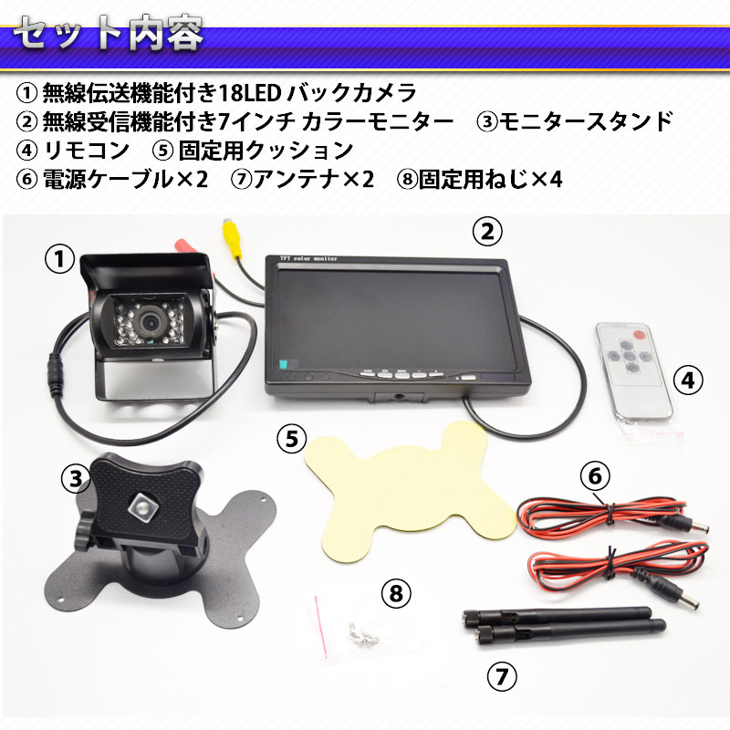 バックカメラ 12v ワイヤレス 対応バックモニター セット 24v オンライン なし 選択 モニター ガイドライン表示 あり 格安 無線 7インチ Tft 液晶モニターセット オンダッシュトラック バス 積載車 重機 取付可能 高画質 バックギア連動 Irc株式会社 ワイヤレス バック