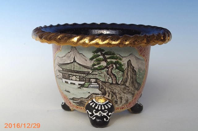 【現品】　愛楽園　富貴蘭縄目錦鉢　山水　3.5号(No.2197)　【窯元直送】【京楽鉢/楽鉢/黒楽鉢/京楽焼鉢】【フウキラン鉢/フーキラン鉢/ふうきらん鉢】【京楽焼植木鉢】
