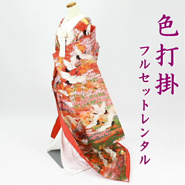【色打掛 フルセット レンタル】フォトウェディング 結婚式 婚礼 和装 神前式 前撮り 花嫁きもの 小物付き iro1054r-wa-pin 花菖蒲に飛鶴 朱赤緑色|衣装レンタル 凛