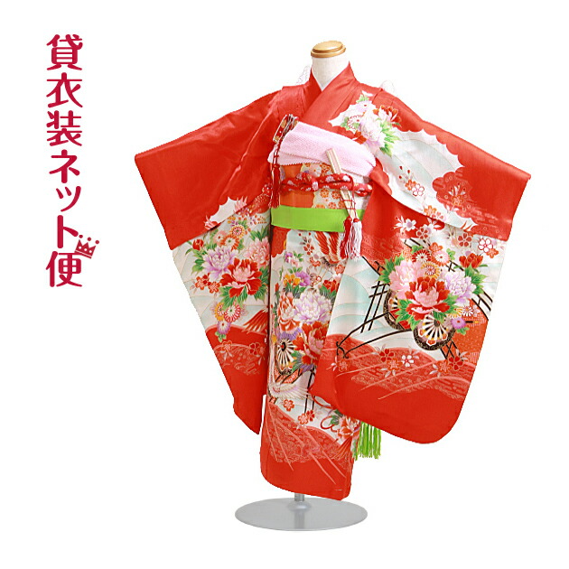 女の子 和服 レンタル 5歳 朱色 花車 七五三 キッズファッション 7歳 朱色 7歳 着物 七五三 フルセット 花車 鶴 レンタル 女の子 朱色 鶴 111 753 子ども お祝い着 年中 年少 往復送料無料 Fy16ren07 レンタル 貸衣装ネット便
