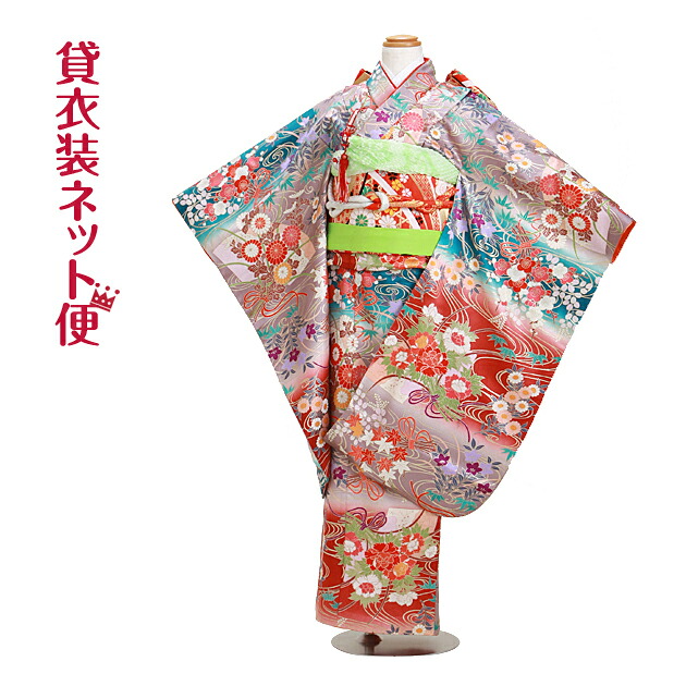 七五三 着物 7歳 フルセット レンタル 女の子 〔赤緑色 四季花〕126 753 子ども お祝い着 年中 年少 往復送料無料【レンタル】