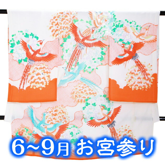 夏用 夏物 絽〔お宮参り 産着 レンタル 女の子〕赤色・白色/鶴 ro-139 お宮参り 女の子 お宮参り 着物 女の子 赤ちゃん 祝着 初着 よだれかけ【往復】【レンタル】