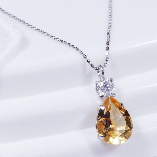PT 1ct シトリン ペンダント ダイヤ 0.1ct ネックレス プラチナ ペアシェイプ 11月誕生石