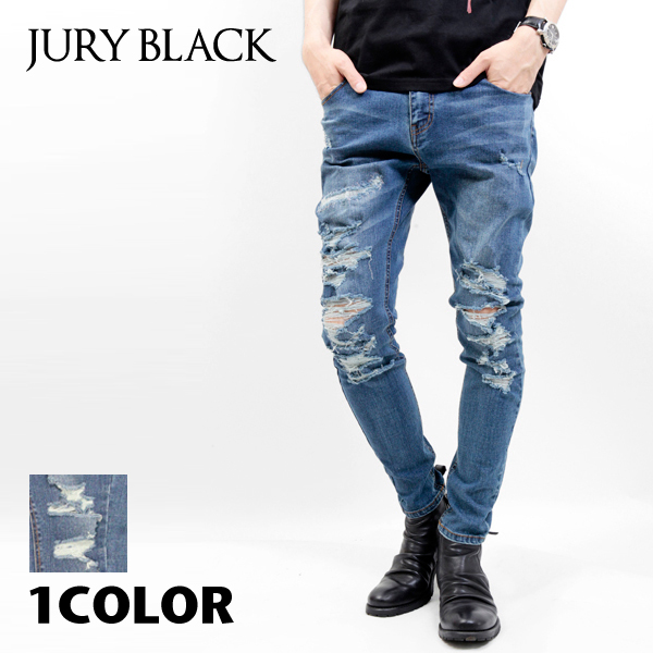 楽天市場 Jury Black ジュリーブラック ハード ダメージ デニムパンツ 送料無料 デニム ダメージデニム デニムパンツ 美脚 カジュアル ロック ブリーチ ダメージ加工 ストレッチ スキニー ジーンズ Jury Black