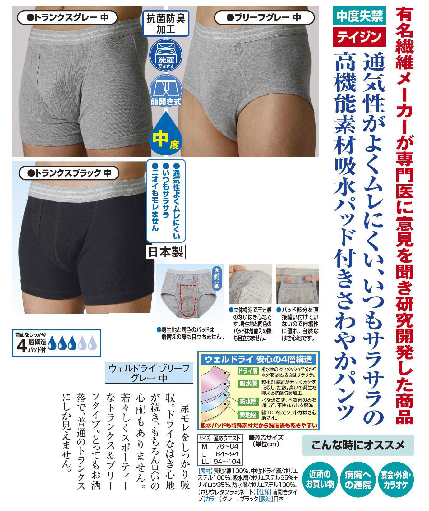 爽やかで 高品質の尿漏れ対応パンツ ウェルドライ ウェルドライ ブリーフ グレー ブリーフ 中 3枚組 光ネット組合 介護用品 店
