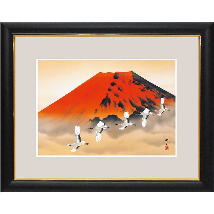 楽天市場】赤富士 おしゃれな ミニ調金縁起額 富士飛鶴 額 鶴 富士山