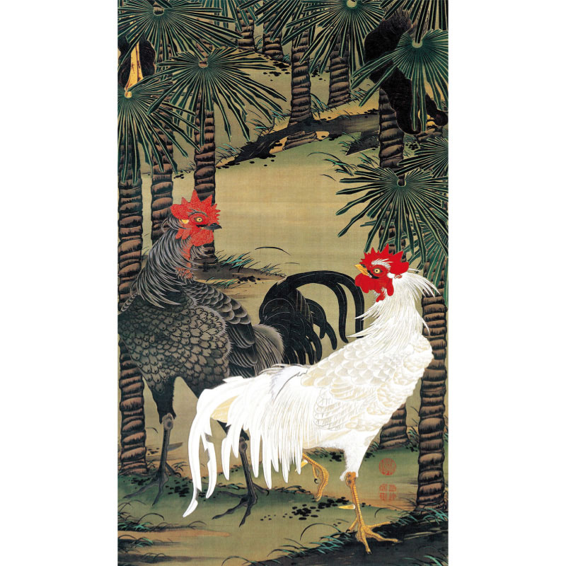【アンティーク】額装 額縁 ブタ 牛柄 鶏 動物画 アート 美術品 古道具 伊藤若冲 動植綵絵 芙蓉双鶏図 高級仕様 額 美術品 インテリア