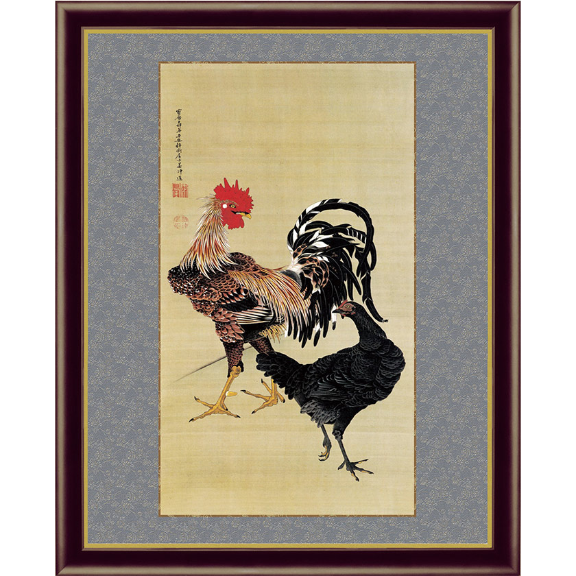 【アンティーク】額装 額縁 ブタ 牛柄 鶏 動物画 アート 美術品 古道具 伊藤若冲 動植綵絵 大鶏雌雄図 掛軸 美術品 インテリア レプリカ
