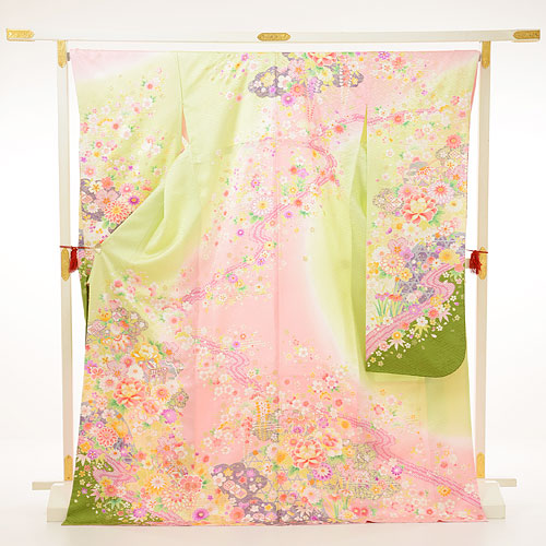 楽天市場 レンタル 成人式 振袖 レンタル 成人式 振袖 成人式 振袖 成人式振袖レンタル845s 黄緑 ピンク地まり 成人式 フルセット 往復送料無料 足袋プレゼント 女性和服 ふりそで Rental れんたる せいじんしき 振り袖 成人式 レンタルfy16ren07