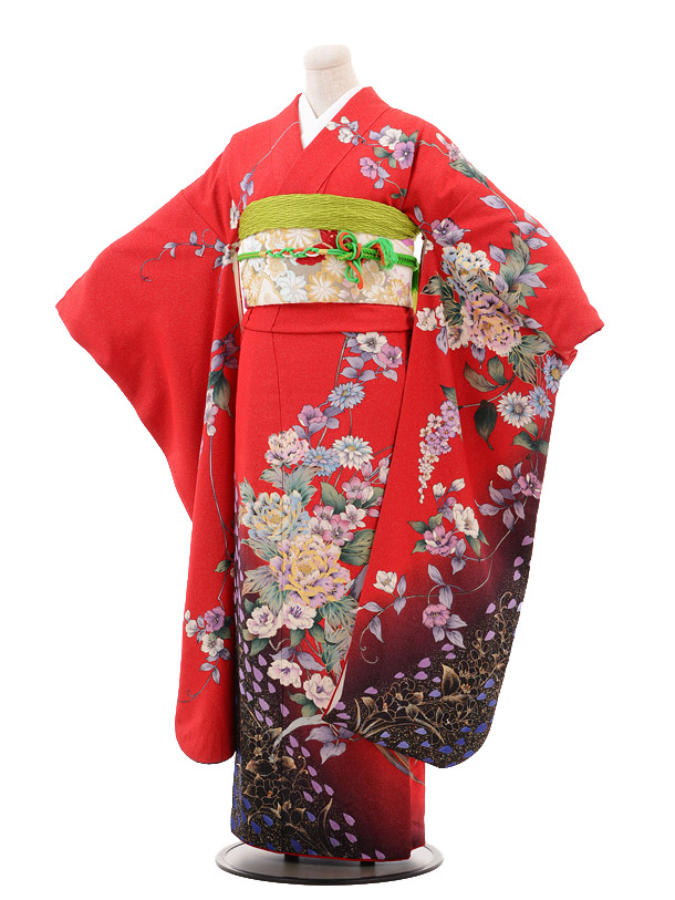 【レンタル】〔振袖〕〔貸衣装〕振袖レンタルC005　赤地ラメぼたん〔結婚〕〔卒業式〕〔フルセット〕〔rental〕〔振り袖〕〔往復送料無料〕〔新品足袋プレゼント〕〔女性和服〕〔フリソデ furisode〕〔振り袖〕〔rental〕〔振袖 セット〕fy16REN07