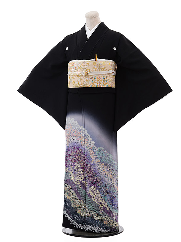 楽天市場】黒留袖 レンタル おすすめ 正絹 4416 波にピンク花 女性和服