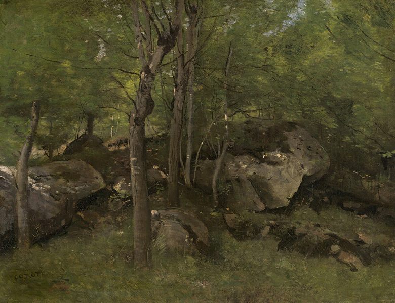 絵画 インテリア 額入り 壁掛け複製油絵ジャン=バティスト・カミーユ・コロー フォンテーヌブローの森の岩 油彩画 複製画 選べる額縁 選べるサイズ|絵画販売のアートギャラリー南青山