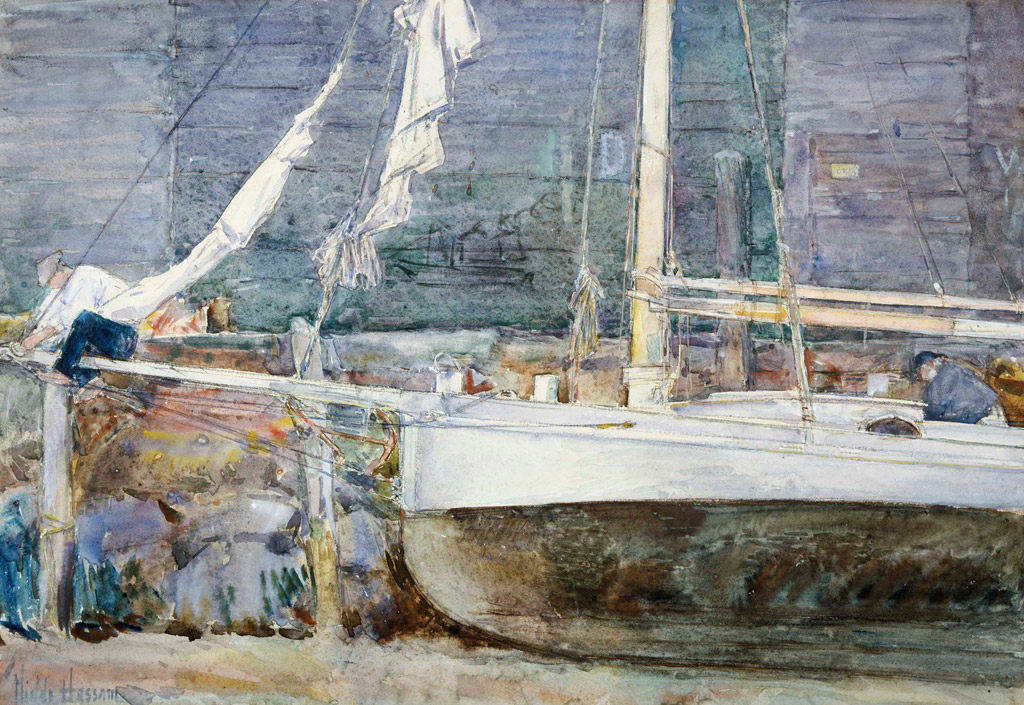 【送料無料】絵画 油彩画複製油絵複製画/ フレデリック・チャイルド・ハッサム グロスタシャーの乾ドック 【すぐに飾れる豪華額縁付 キャンバス】｜絵画販売のアートギャラリー南青山