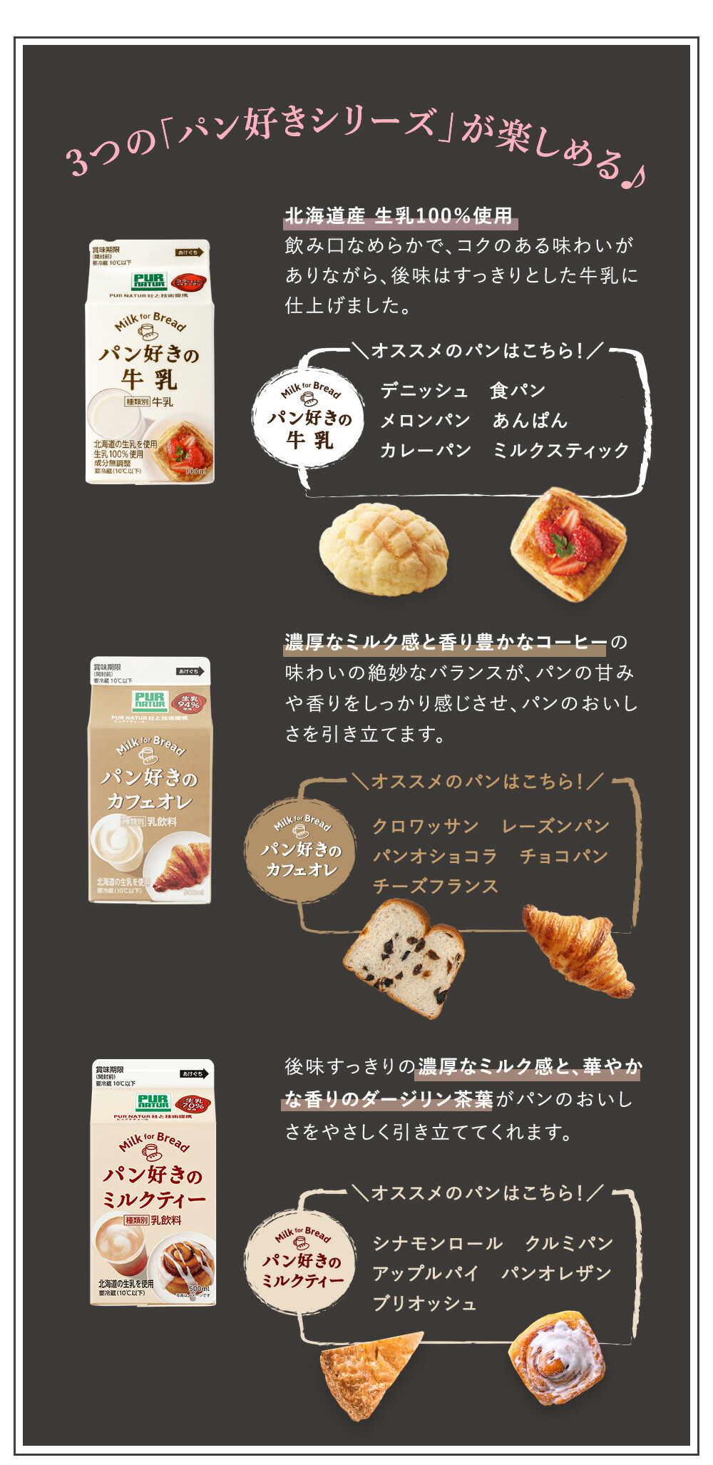 楽天市場 めざましテレビで紹介されました 新発売 パン好きシリーズ3種飲み比べ 牛乳 カフェオレ ミルクティー 各500ml 2本 6本セット カネカ食品株式会社