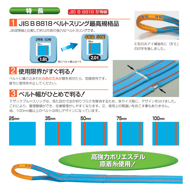 最安値挑戦 TESAC ブルースリングIV 35mm×4m 荷重1.6t JIS4等級 両端