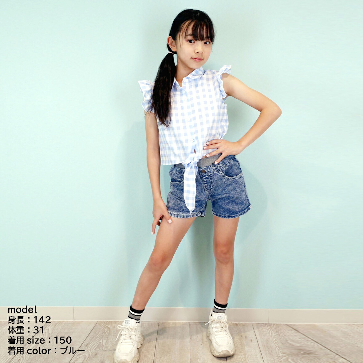 【再入荷】ケミカルデニムショートパンツ子供服キッズ女の子ガールズ140150160ネイビーブルーショートパンツズボン短パンショーツストレッチジーンズジーパンウエストゴム人気無地かわいいおしゃれ通学スポーツ動きやすい