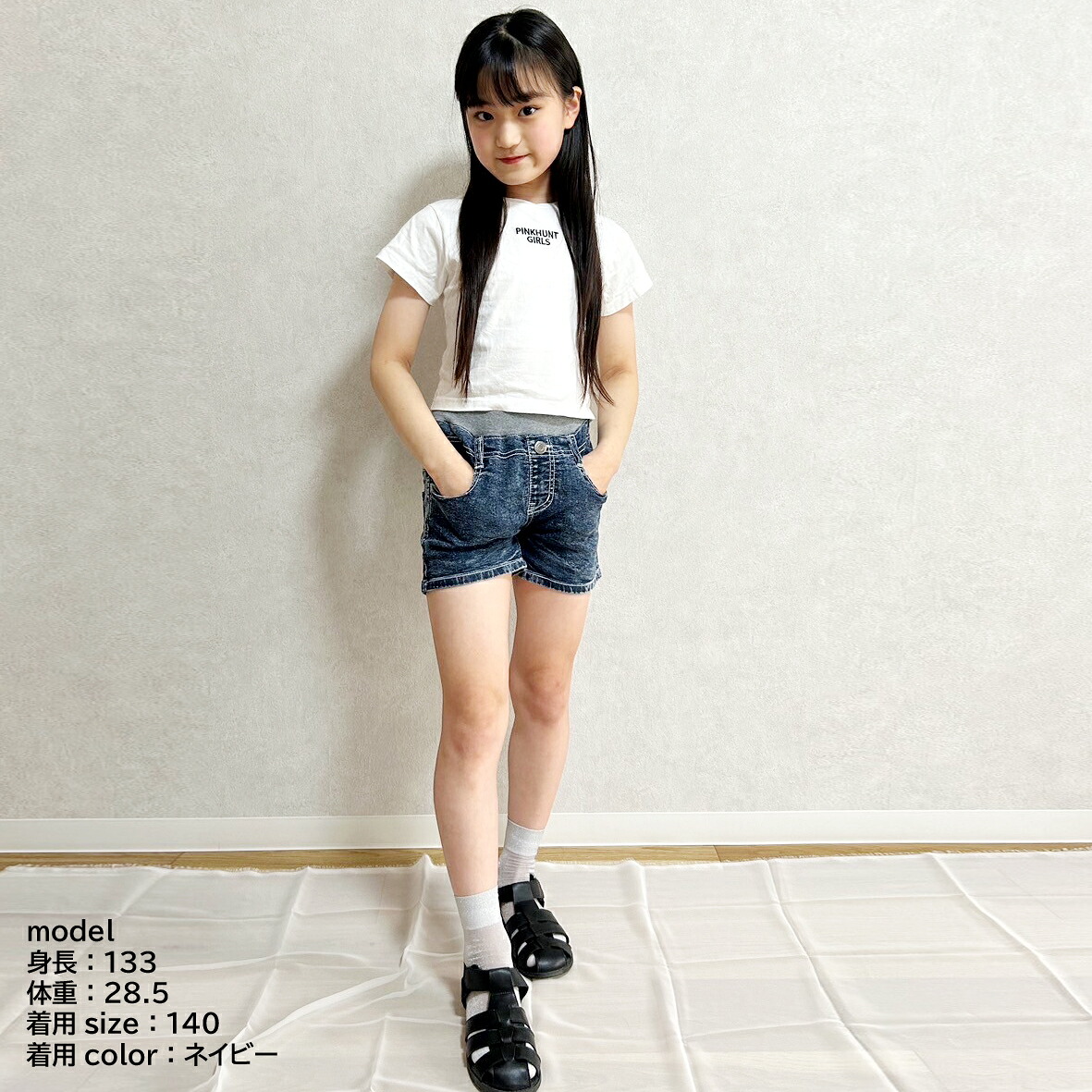 【スーパーSALE半額】【再入荷】ケミカルデニムショートパンツ子供服キッズ女の子ガールズ140150160ネイビーブルーショートパンツズボン短パンショーツストレッチジーンズジーパンウエストゴム人気無地かわいいおしゃれ通学スポーツ動きやすい