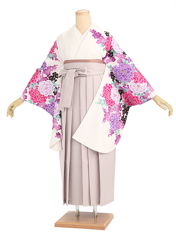 卒業式袴レンタル0067 白地牡丹×ﾋﾟﾝｸﾍﾞｰｼﾞｭ袴卒業式 袴 レンタル 女性 卒業式袴 フルセットレンタル 大学生 はかま 卒業式袴レンタル セット 大学 袴セット 卒業袴レンタル 着物レンタル 卒業式袴レンタル 往復送料無料 新品足袋プレゼント【レンタル】