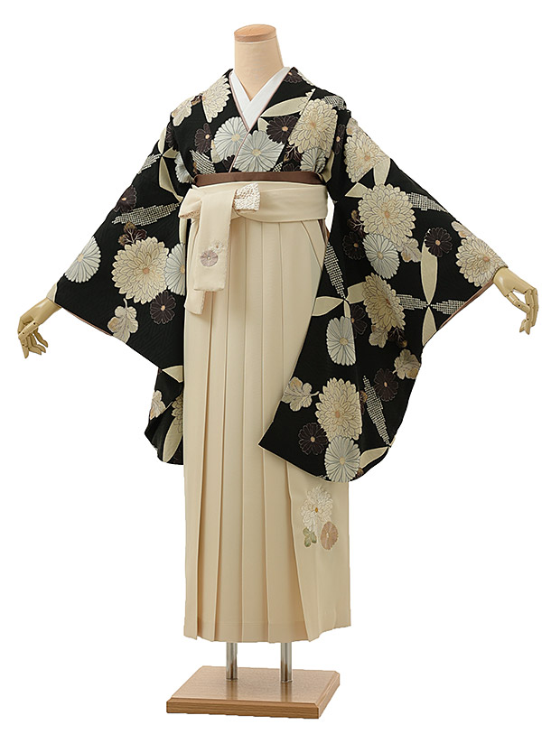 卒業式 袴 レンタル A026 九重 黒 菊×ベージュ袴卒業式 袴 レンタル 女性 卒業式袴 フルセットレンタル 大学生 はかま 女性 卒業袴セット 卒業式袴レンタル セット 大学 袴セット 卒業袴レンタル 卒業式袴レンタル 往復送料無料 新品足袋プレゼント【レンタル】