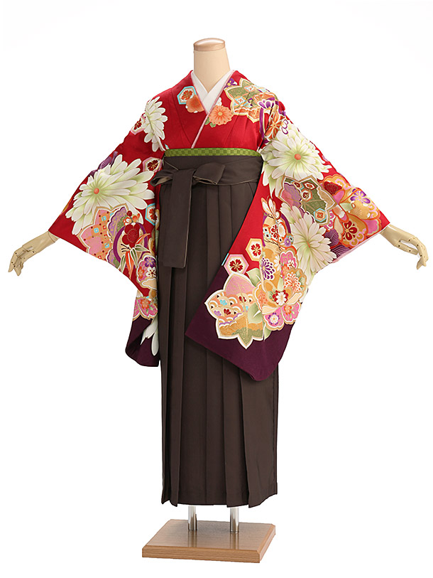 卒業式袴レンタル A078 赤祝い柄×茶袴卒業式 袴 レンタル 女性 卒業式袴 フルセットレンタル 大学生 はかま 女性 卒業袴セット 卒業式袴レンタル セット 大学 袴セット 卒業袴レンタル 着物レンタル 卒業式袴レンタル 往復送料無料 新品足袋プレゼント【レンタル】