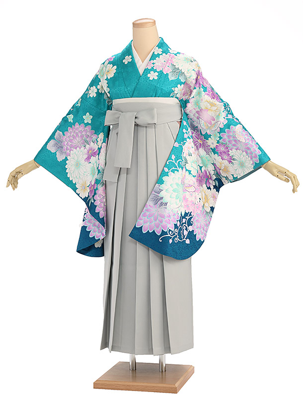 卒業式袴レンタルA122 ﾀｰｺｲｽﾞ花×ﾌﾞﾙｰｸﾞﾚｰ袴卒業式 袴 レンタル 女性 卒業式袴 フルセットレンタル 大学生 はかま 卒業式袴レンタル セット 大学 袴セット 卒業袴レンタル 着物レンタル 卒業式袴レンタル 往復送料無料 新品足袋プレゼント【レンタル】