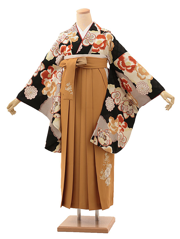 卒業式 袴 レンタル A158 Kansai 黒 椿 ねじり梅×からし袴 卒業式 袴 レンタル 女性 卒業式袴 フルセットレンタル 大学生 はかま 大学 袴セット 卒業袴レンタル 着物レンタル 卒業式袴レンタル 往復送料無料 新品足袋プレゼント【レンタル】