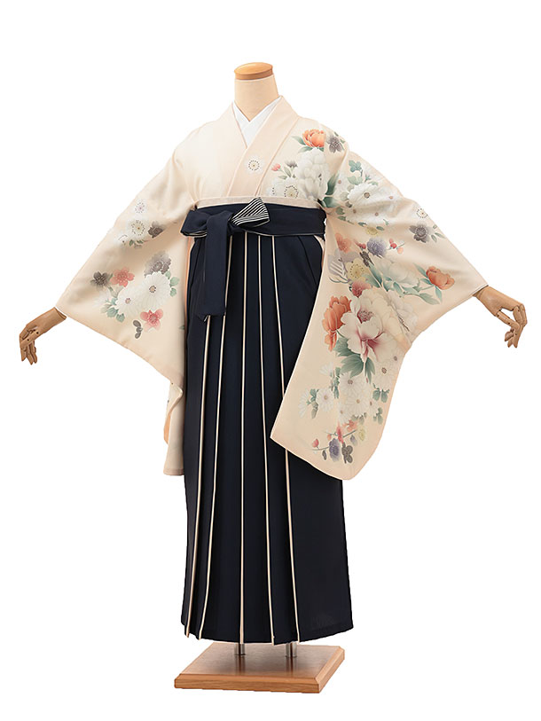 卒業式袴レンタルA162 ピンクベージュ牡丹に桜×紺袴 卒業式 袴 レンタル 女性 卒業式袴 フルセットレンタル 大学生 はかま 女性 卒業袴セット 卒業式袴レンタル セット 大学 袴セット 卒業袴レンタル 着物レンタル 卒業式袴レンタル 往復送料無料【レンタル】